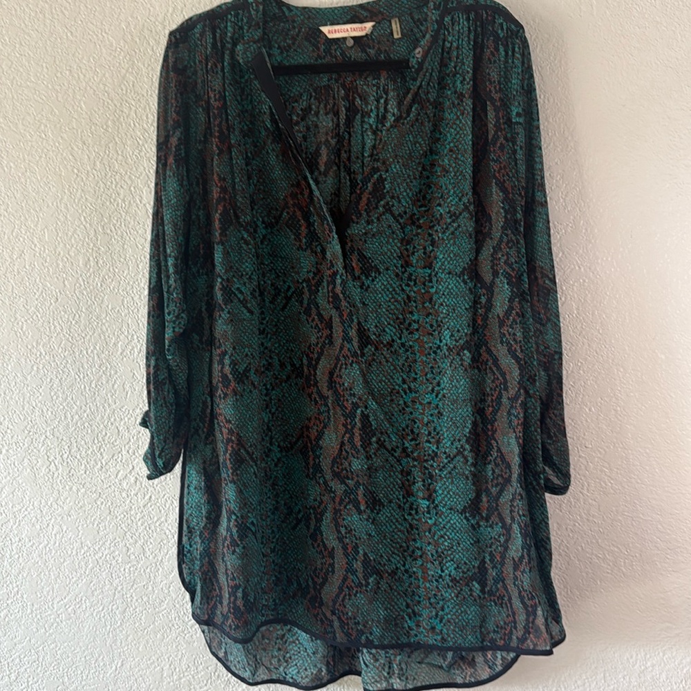 Rebecca taylor snake print sheer green mini dress long sleeve size 6